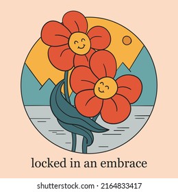 Colorful square poster. A stylish template for graphic prints on fabrics or T-shirts. Hand-drawn background. An illustration with an inscription. Locked in an embrace. 