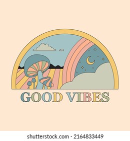 Colorful square poster. A stylish template for graphic prints on fabrics or T-shirts. Hand-drawn background. An illustration with an inscription. Good vibes.