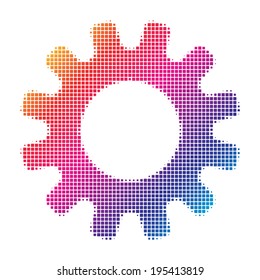 Colorful square raster dot pattern style gear icon. Vector illustration.