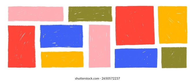 Caixas de texto quadradas e retangulares coloridas com textura de giz de cera áspera. Molduras infantis desenhadas à mão, faixas de textura áspera. A criança desenhou formas geométricas básicas. Bonitos adesivos e notas.