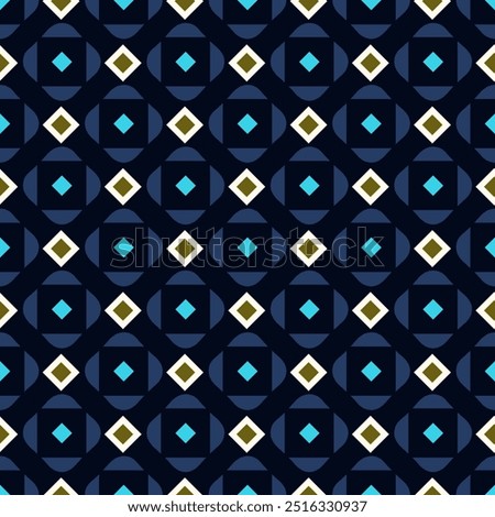 Colorful square shapes pattern simple geometric motif classic blue minimal background. Small diamond elements modern fabric design textile swatch ladies dress, men's scarf, shirt all over print block.