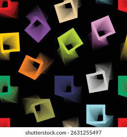 As espirais quadradas coloridas giram e desaparecem em um fundo preto, criando um efeito 3D vibrante e em camadas com profundidade geométrica dinâmica.