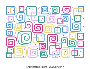 Colorful square spirals and squares on white background. Bright pattern. Wavy curly lines. Fun shapes. Stripy elements. Abstraction.