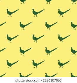Colorful square tile with a delightful animal rendering. Seamless pattern with bird peasant animal shape on mellow yellow background. Design for comic books featuring animals.