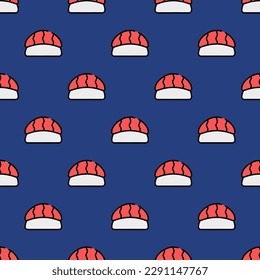 Colorful square tile with a delightful food rendering. Seamless pattern with nigiri on linen background. Design for a rigid wrap for hot dogs.