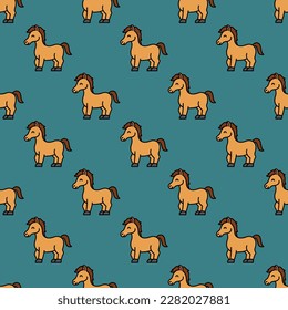 Colorful square tile sporting a delightful animal engraving. Seamless pattern with horse on teal blue background. Design for a set of posters with animal silhouettes.