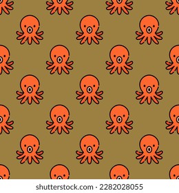 Colorful square tile sporting a delightful animal engraving. Seamless pattern with octopus on peru background. Design for puzzles with pictures of zoo animals.