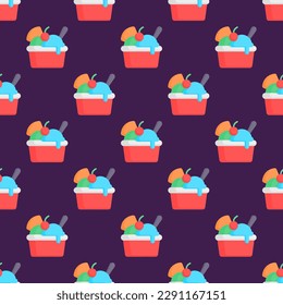 Colorful square tile sporting a delightful food engraving. Seamless pattern with sundae on persian indigo background. Design for a square motif.