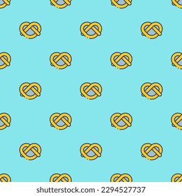 Baldosas cuadradas coloridas con una deliciosa comida grabada. Patrón sin brillo con pretzel sobre fondo azul zafiro. Diseño de un fondo de pantalla de medallón.
