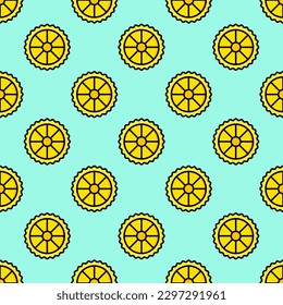 Colorful square tile sporting a delightful food engraving. Seamless pattern with rotelle on oxford blue background. Design for billboards to be eye-catching.