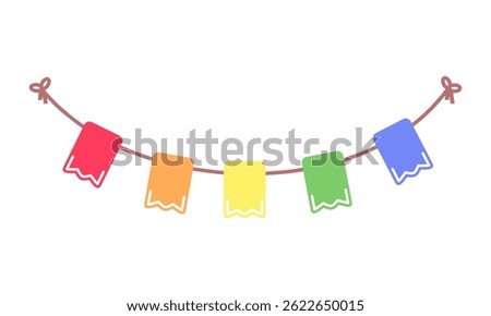 colorful square triangle flags strung together on a thin line. complete with tassels or decorative fringes along the bottom edge. These garlands are used for party and celebration decorations.