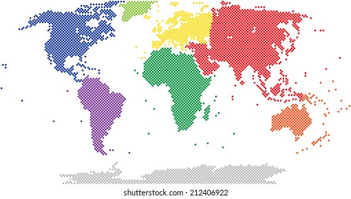 Colorful square world map on white background, vector illustration.