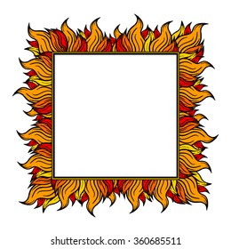 Colorful squared frame with spurts of flame. Vector illustration. Rock'n'roll style.