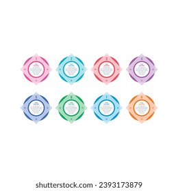 colorful squares and colorful circles infographic template. business, internet, book, annual report, magazine, education infographic template. eight options infographic template