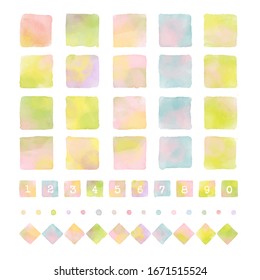 Colorful squares and diamonds with watercolor texture, graphic elements