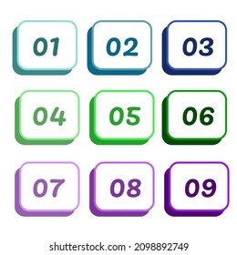 Colorful squares with rounded corners numbered from one to nine, and shaded with blue, green and purple tones.