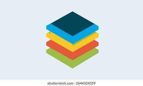 Cuadrados coloridos se apilan diagonalmente creando abstracción isométrica en capas