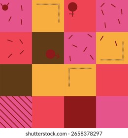Colorful squares stylish seamless pattern abstract design to print on pages; nice coloful design with female, male symbols 