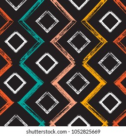 Colorful Squares and Zigzag Paint Brush Strokes Seamless pattern. Vector Abstract Grunge background