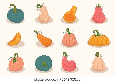 Colorful Squash and Pumpkin Set in Cute Cartoon Hand Drawn Style. Decorative harvest vegetables isolated on cream background, perfect for farm, autumn, Thanksgiving designs invitations, cards, posters