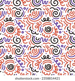 Colorful squiggle Halloween party seamless pattern. Cute scary elements. doodle background illustration of autumn celebration decoration and childish creative abstract scribbles