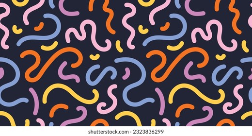 Colorful squiggle seamless vector pattern. Bright colored squiggly lines on a dark background. Cool, fun, creative, abstract wavy lines. Playful repeat backdrop texture. 