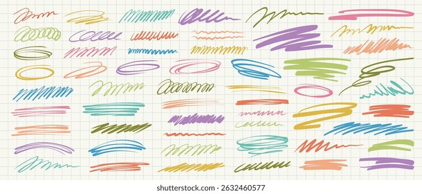 Colorful squiggle strokes and scribbles on grid background. A vector set of hand-drawn lines, swirls, waves and underlines for highlights, accents or notes