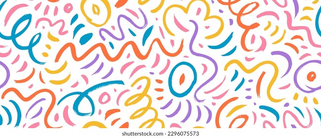 Coloridas líneas de sacudida sin fisuras. Diseño de pancartas a la moda con doodles de colores y confeti. Resumen de patrón orgánico con líneas curvas finas, calamares. Papel de pared de garabatos infantil. 