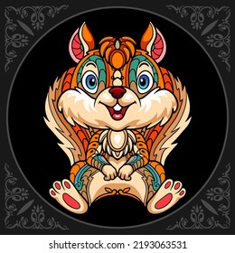 Colorful squirrel zentangle arts isolated on black background