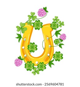 colorful st patrick s day background. a golden horseshoe entwined with green ivy and clover leaves. hand drawn. vector