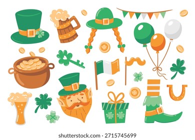 Colorido conjunto de Vector del día de San Patricio con Elementos de duende, tréboles, monedas de oro, banderas irlandesas, sombreros, cerveza, globos, regalos y decoraciones festivas. Una alegre colección de ilustración navideña en tonos verdes y naranjas brillantes.