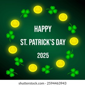 Colorful St. Patrick's Day 2025 banner with shamrock and gold coins