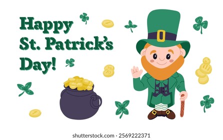 Colorful St. Patricks Day banner with cheerful leprechaun, gold coins, clovers, and festive typography isolated on white background. Vector banner with and drawn elements