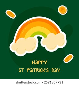 Colorful St. Patrick's Day card with a vibrant rainbow, golden coins, and shamrocks on a dark green background. Perfect for sending festive joy and good luck wishes.