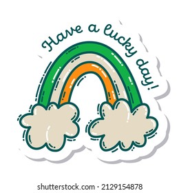 Colorful St. Patrick's Day doodle style hand-drawn sticker with simple engraving effect. Cute Irish holiday symbols and elements collection.