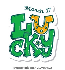 Colorful St. Patrick's Day doodle style hand-drawn sticker with simple engraving effect. Cute Irish holiday symbols and elements collection.