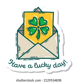 Colorful St. Patrick's Day doodle style hand-drawn sticker with simple engraving effect. Cute Irish holiday symbols and elements collection.