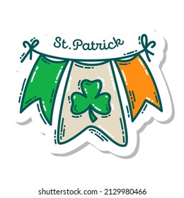 Colorful St. Patrick's Day doodle style hand-drawn sticker with simple engraving effect. Cute Irish holiday symbols and elements collection.