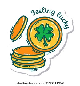 Colorful St. Patrick's Day doodle style hand-drawn sticker with simple engraving effect. Cute Irish holiday symbols and elements collection.