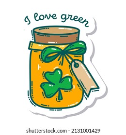 Colorful St. Patrick's Day doodle style hand-drawn sticker with simple engraving effect. Cute Irish holiday symbols and elements collection.