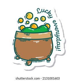 Colorful St. Patrick's Day doodle style hand-drawn sticker with simple engraving effect. Cute Irish holiday symbols and elements collection.