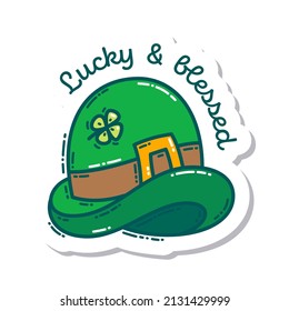 Colorful St. Patrick's Day doodle style hand-drawn sticker with simple engraving effect. Cute Irish holiday symbols and elements collection.