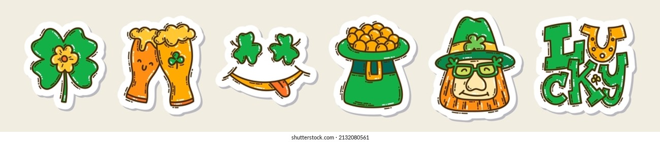 Colorful St. Patrick's Day doodle style hand-drawn sticker set with simple engraving effect. Cute Irish holiday symbols and elements collection.