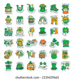 Colorful St. Patrick's Day doodle style hand-drawn sticker with simple engraving effect and lettering. Cute Irish holiday symbols and elements collection.