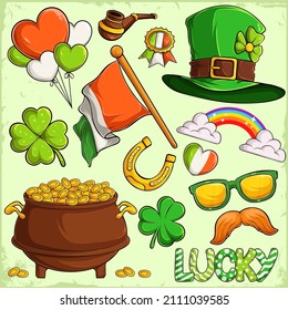 Colorful St Patrick's day elements collection, Leprechaun hat, shamrock, pot, Irish flag and more