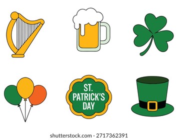Bunte St Patricks Day Elemente Set mit Harfe Bier Shamrocks Ballons und Hut
