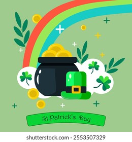 Colorful St. Patrick's Day illustration with a pot of gold, a rainbow, a leprechaun hat, and shamrocks on a vibrant green background. Perfect for celebrating Irish culture, luck, and tradition.