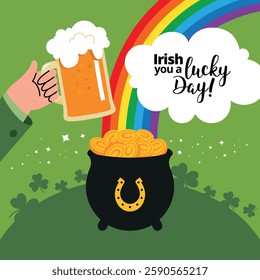 A colorful St. Patrick's Day illustration with a rainbow, a pot of gold, a frothy beer mug, and shamrocks on a green background. The text reads, "Irish you a lucky day!"