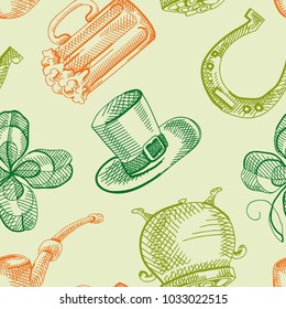 Colorful St Patricks Day seamless pattern with hand drawn traditional symbols and festive elements vector illustration