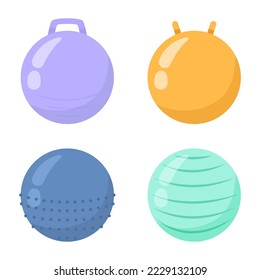 Estabilidad colorida o juego de ilustraciones vectoriales de bolas de ejercicio. Equipos para hacer ejercicio aislado en el fondo blanco. Deportes, estilo de vida saludable, concepto de fitness